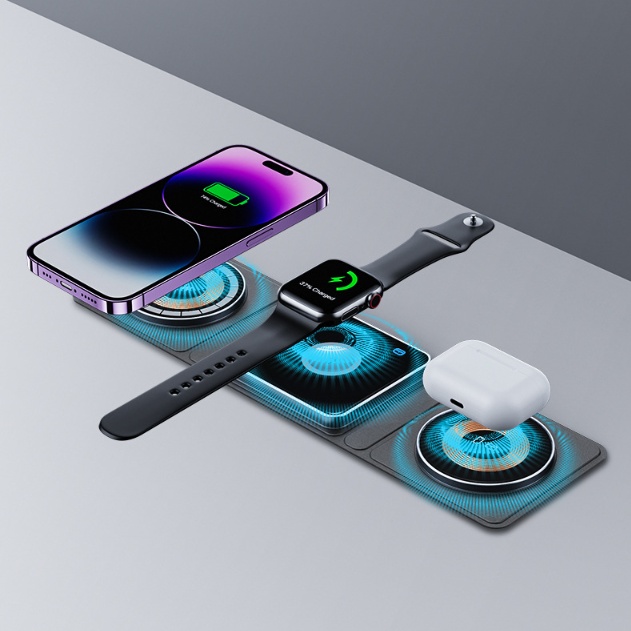 3 في 1 قاعدة شحن لاسلكية مغناطيسية قابلة للطي لأجهزة iPhone وشحن سريع شفاف لأجهزة IWatch وAirpods - Image 9