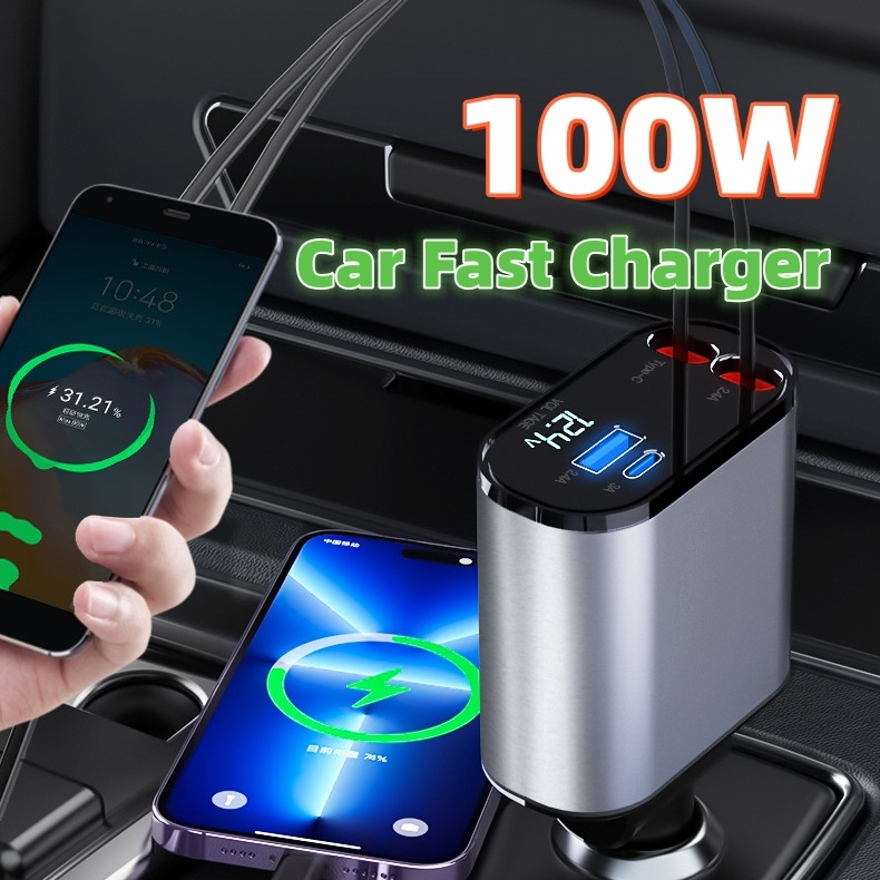شاحن سيارة معدني 100 وات شحن سريع للغاية من مدخل ولاعة سجائر السيارة محول USB و TYPE-C