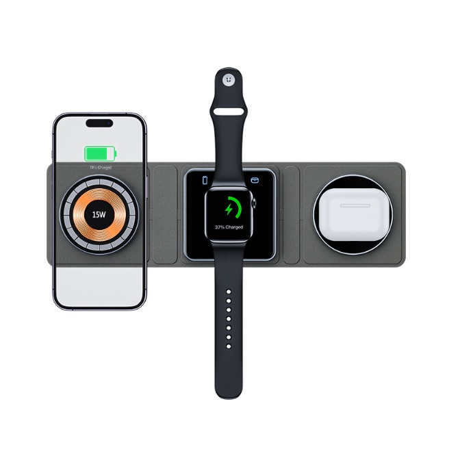 3 في 1 قاعدة شحن لاسلكية مغناطيسية قابلة للطي لأجهزة iPhone وشحن سريع شفاف لأجهزة IWatch وAirpods - Image 5