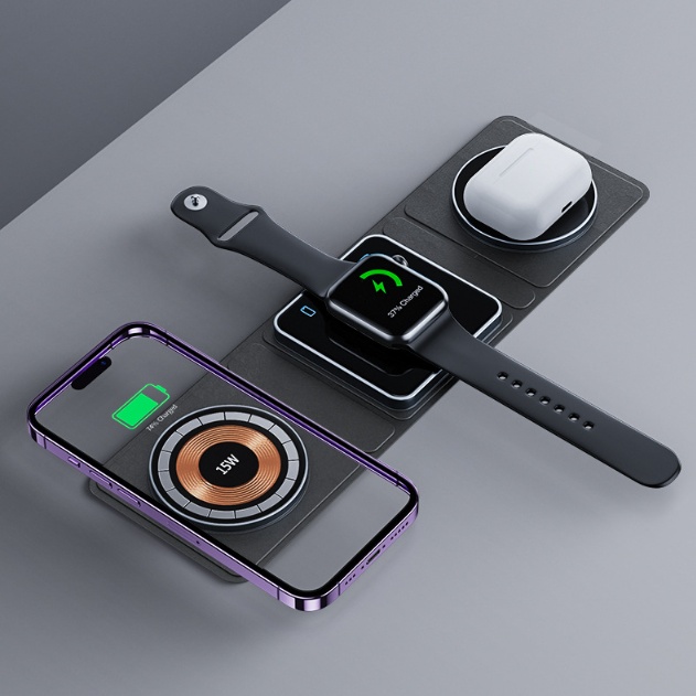 3 في 1 قاعدة شحن لاسلكية مغناطيسية قابلة للطي لأجهزة iPhone وشحن سريع شفاف لأجهزة IWatch وAirpods
