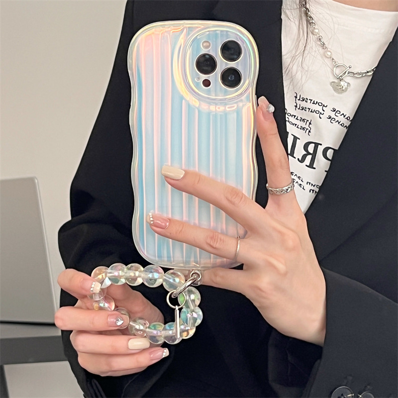 جراب هاتف من السيليكون بتصميم موجة ليزرية مع سوار بخطوط ليزرية متدرجة لأجهزة iPhone 14 و13 و12 و11 Pro Max Plus وسلسلة خرز - Image 4