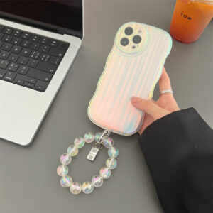 جراب هاتف من السيليكون بتصميم موجة ليزرية مع سوار بخطوط ليزرية متدرجة لأجهزة iPhone 14 و13 و12 و11 Pro Max Plus وسلسلة خرز
